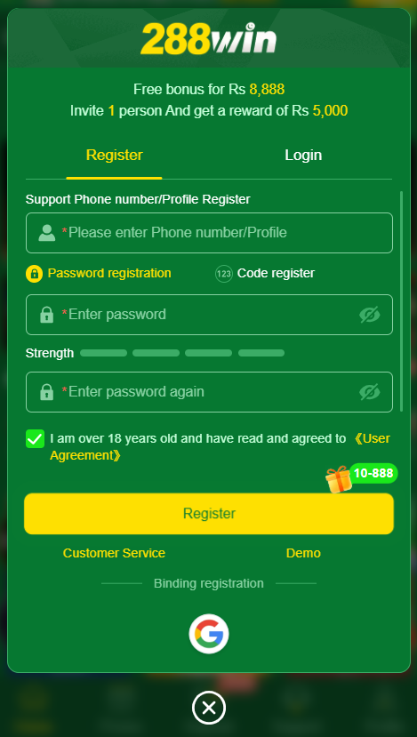 Register on 288Win Game